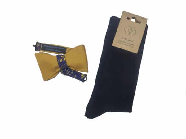chaussettes fil écosse bleu noeud papillon bleu moutarde