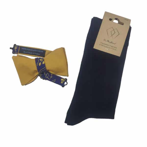 chaussettes fil écosse bleu noeud papillon bleu moutarde